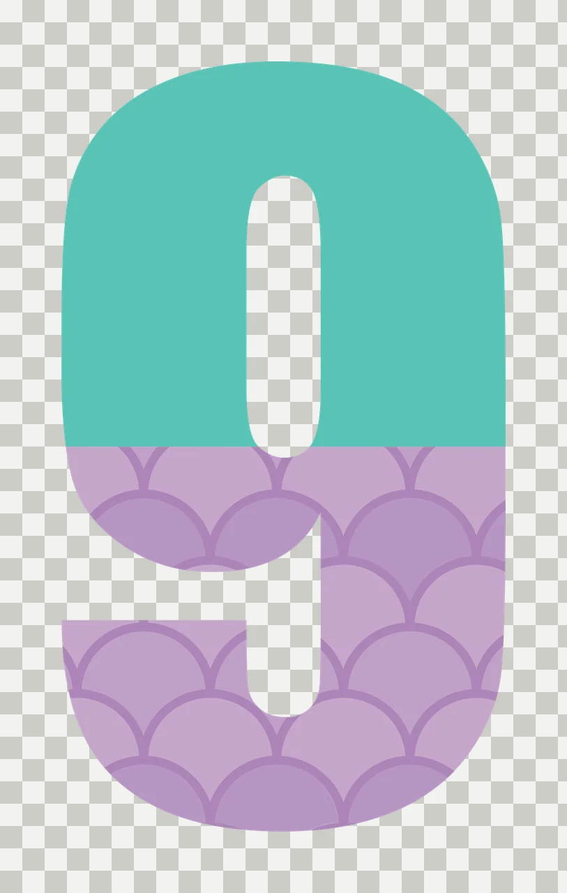 9 Number Design with scalloped pattern, scale pattern and two-tone split in teal, purple and lavender transparency and detail preview thumbnail