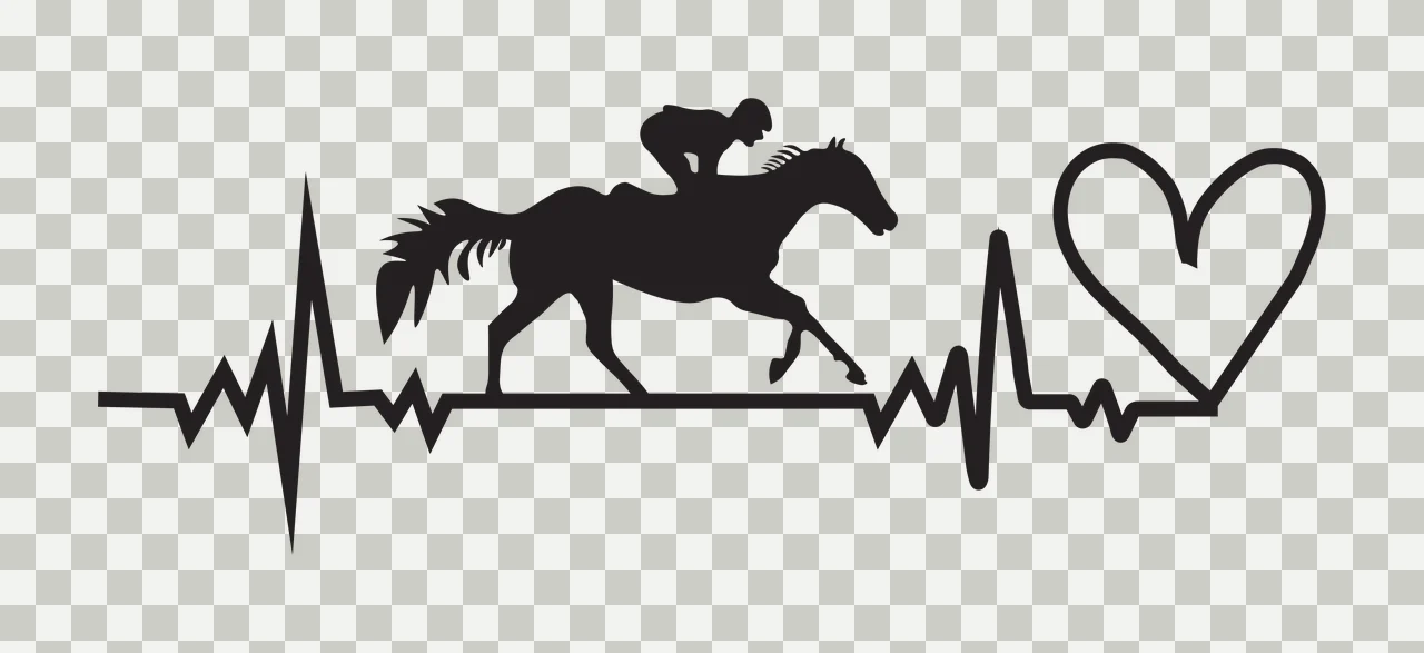 Silhouette Design of Jockey on horse with ECG line and heart with black silhouette of jockey on horse, ECG waveform line and heart shape transparency and detail preview thumbnail