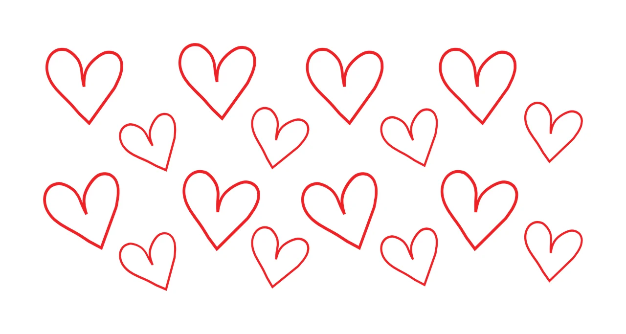 Line Art Illustration of Hand-drawn red heart doodles with white background