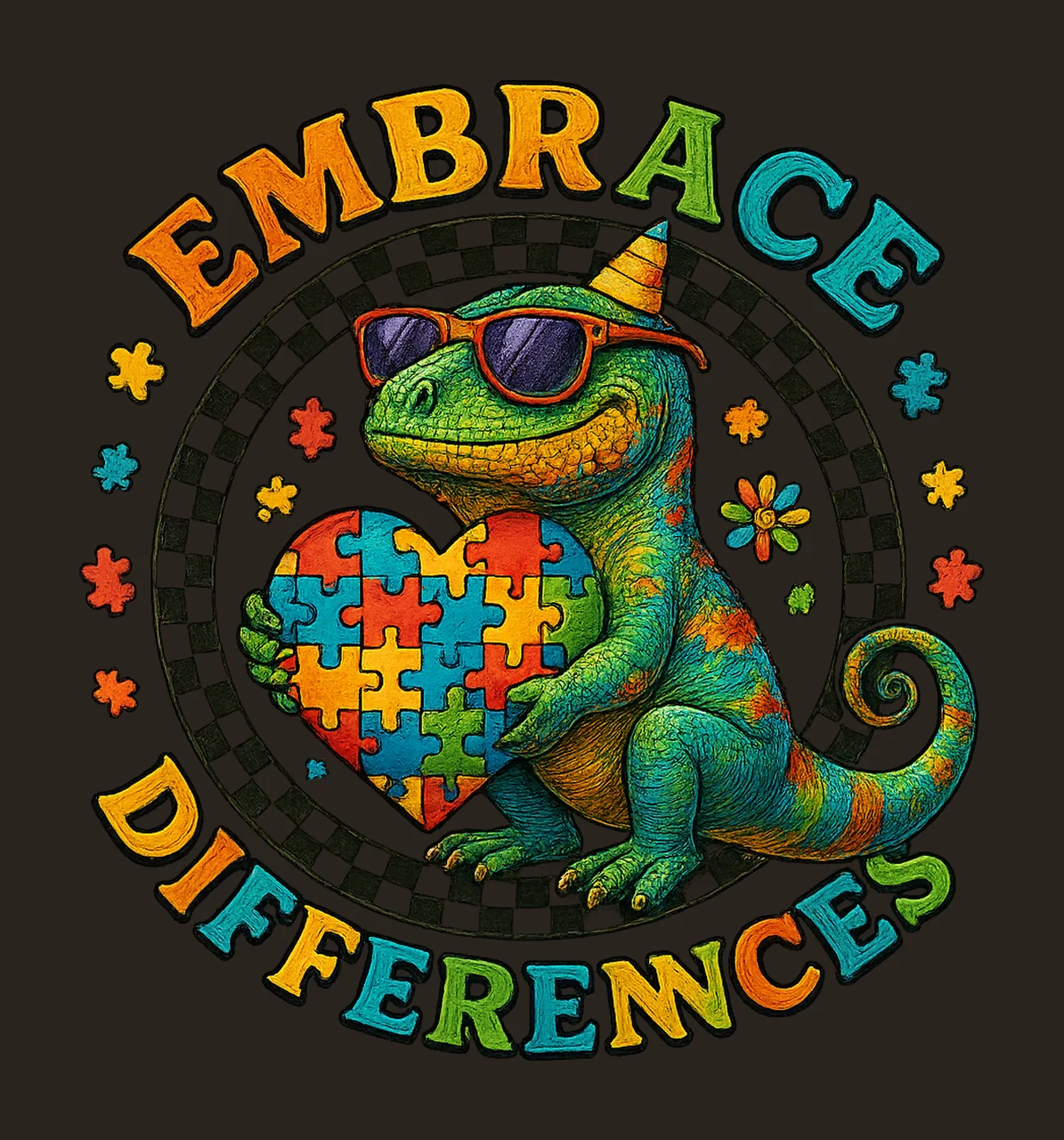 Embrace Differences Dinosaur rex Autism Design Puzzle Piece contrast preview thumbnail