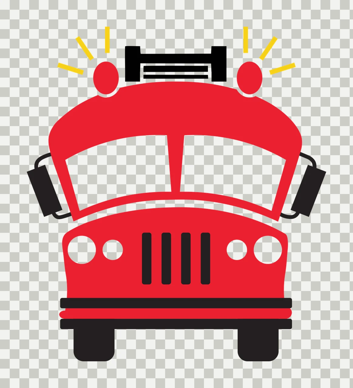Fire truck Illustration with red truck body, roof lights, yellow flash rays and windshield in black and white transparency and detail preview thumbnail