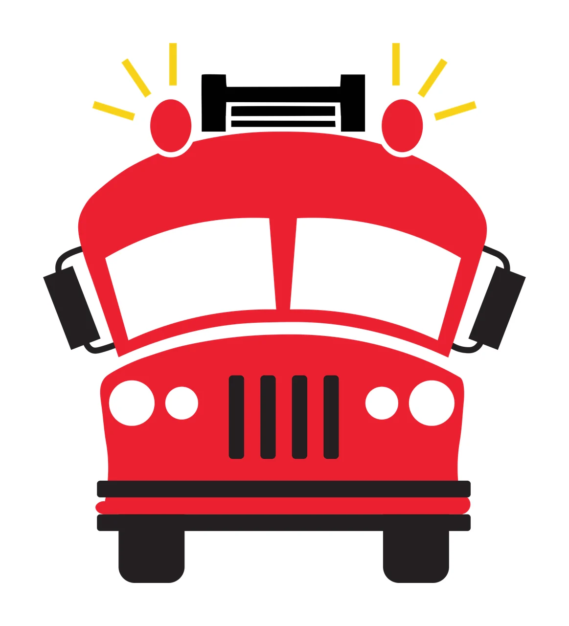 Fire truck Illustration with red truck body, roof lights, yellow flash rays and windshield in black and white
