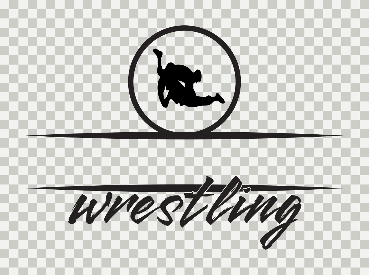 Wrestling wrestler silhouettes Design with wrestler silhouette, circular emblem, horizontal divider lines and brush script text in black and white transparency and detail preview thumbnail