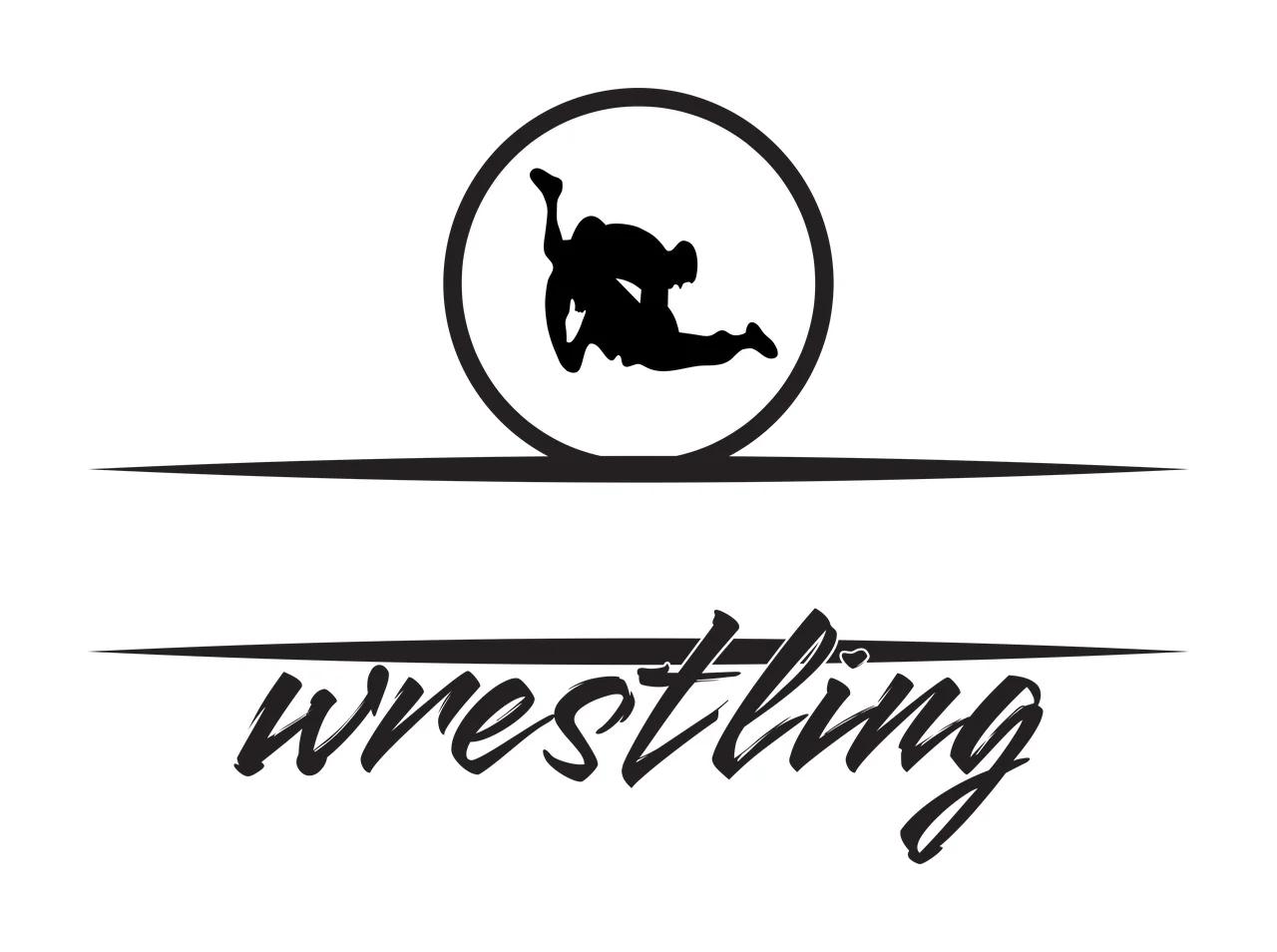 Wrestling wrestler silhouettes Design with wrestler silhouette, circular emblem, horizontal divider lines and brush script text in black and white