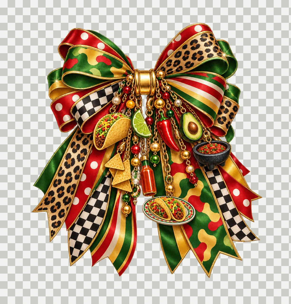 Taco Lover Bow Charm PNG, Themed Gold Chain Charms, Coquette Ribbon Sublimation Design, Transparent Digital Download transparency and detail preview thumbnail