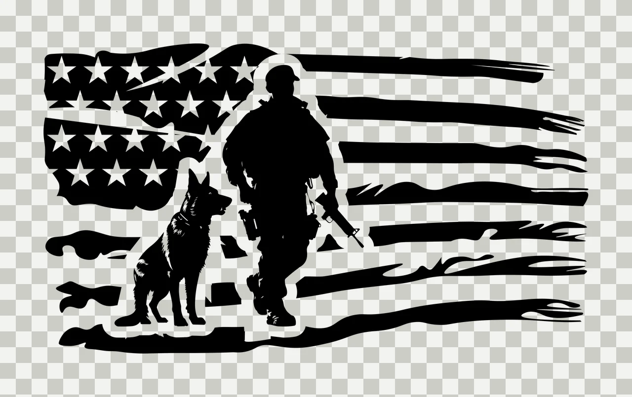 Dog K9 Military Soldier And Flag standing stars stripes rifle transparency and detail preview thumbnail