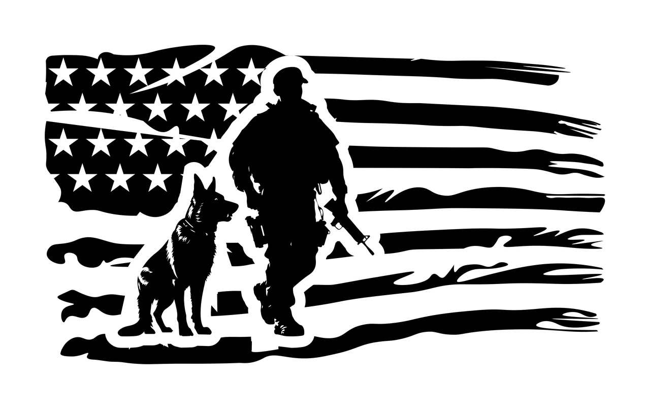Dog K9 Military Soldier And Flag standing stars stripes rifle