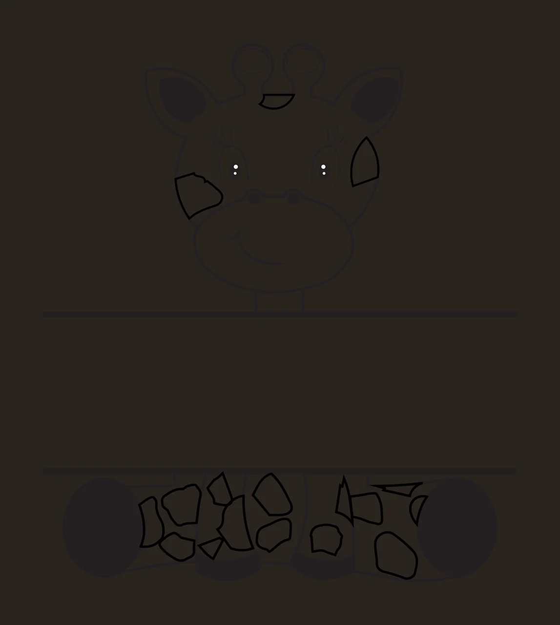 Line Art Illustration of Giraffe head and neck design with two ossicones, large eyes, smiling mouth and spotted neck in black and white contrast preview thumbnail
