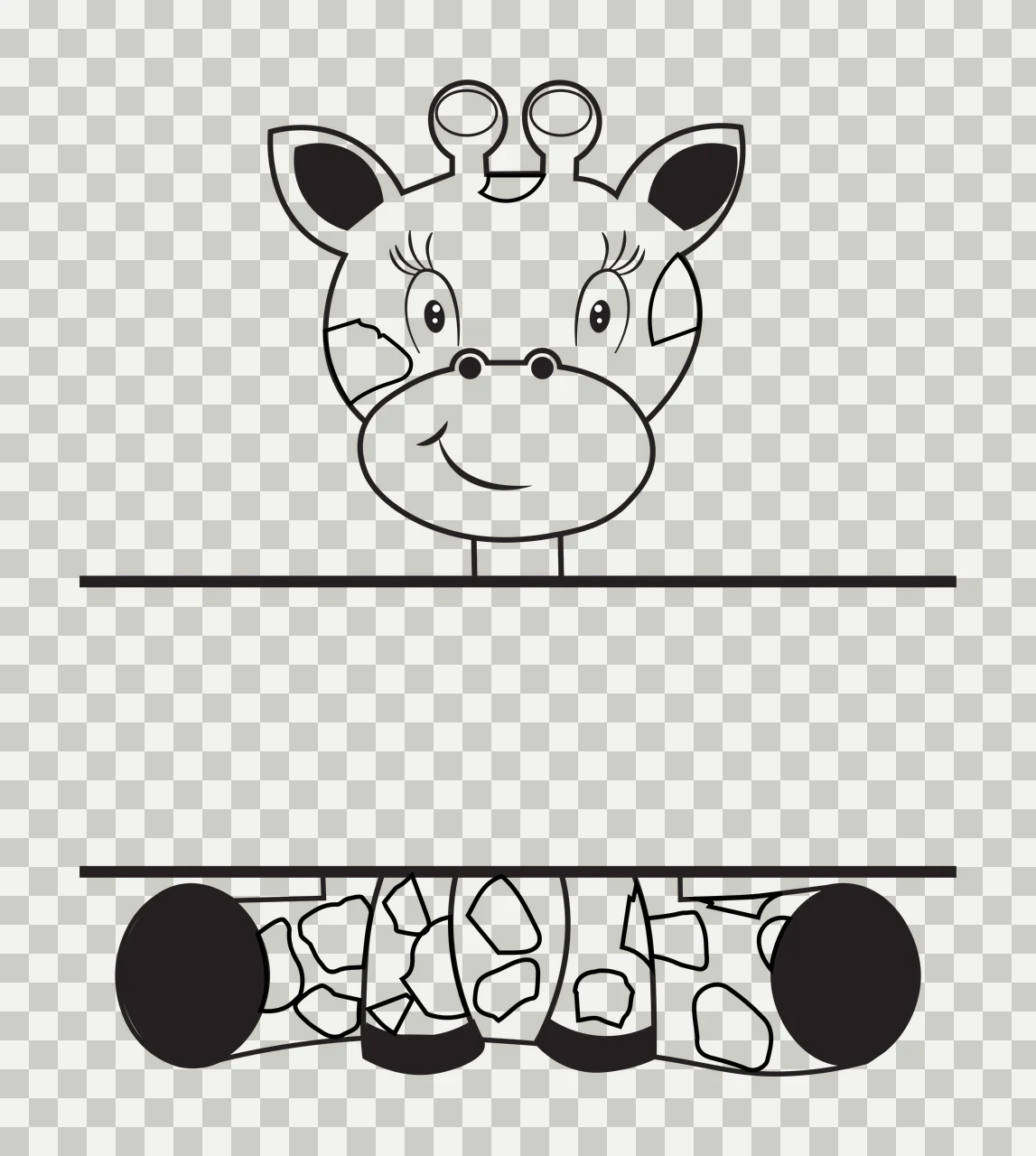 Line Art Illustration of Giraffe head and neck design with two ossicones, large eyes, smiling mouth and spotted neck in black and white transparency and detail preview thumbnail
