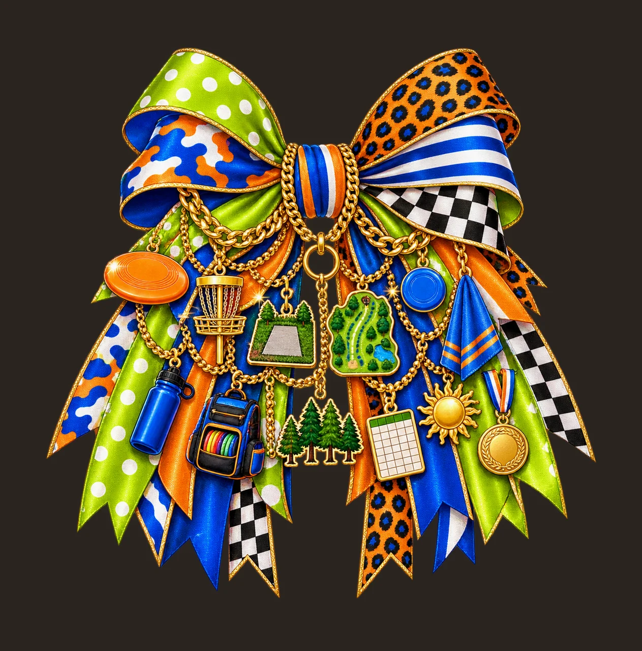 Disc Golf Lover Bow Charm PNG, Themed Gold Chain Charms, Coquette Ribbon Sublimation Design, Transparent Digital Download contrast preview thumbnail