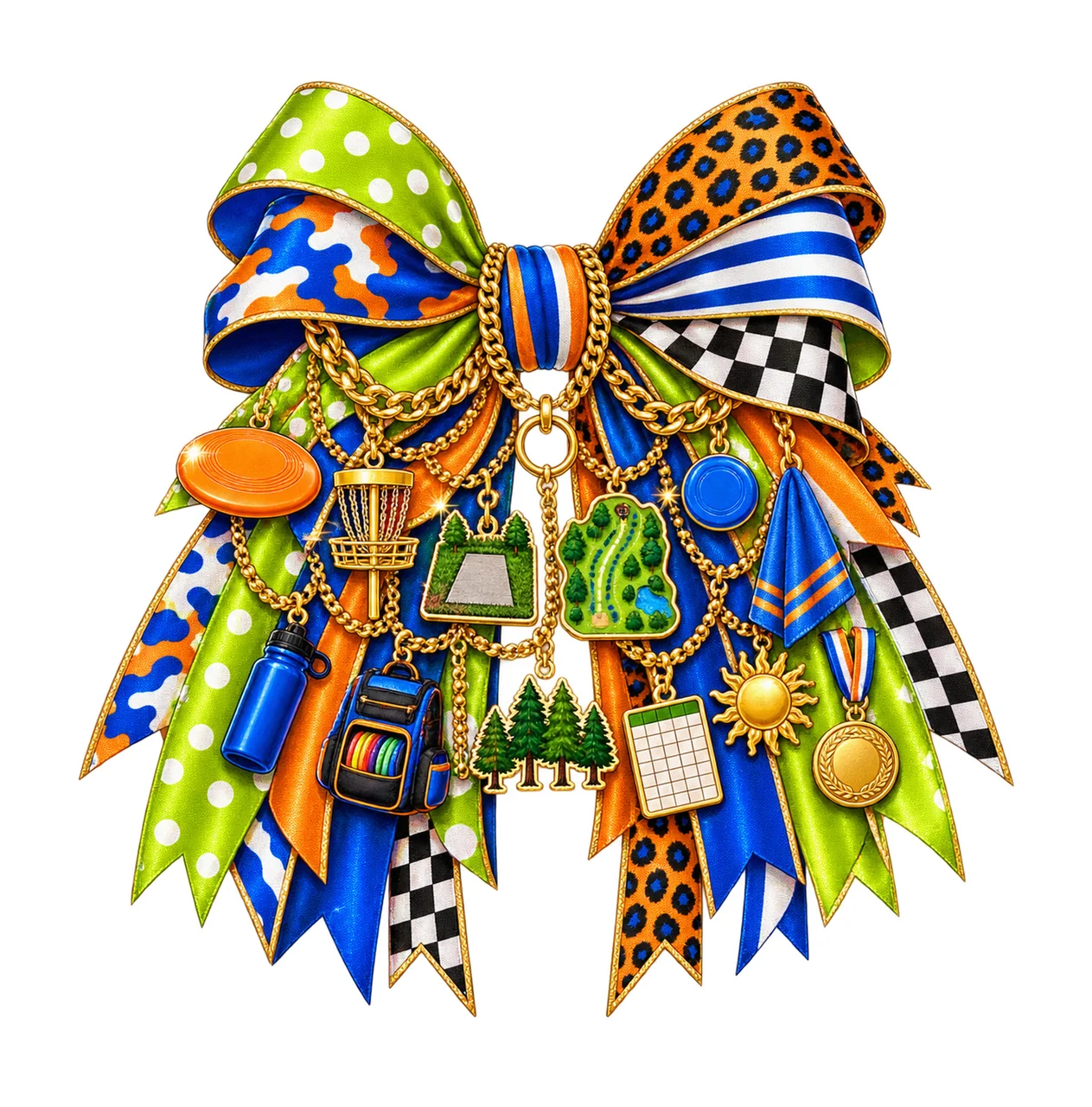 Disc Golf Lover Bow Charm PNG, Themed Gold Chain Charms, Coquette Ribbon Sublimation Design, Transparent Digital Download