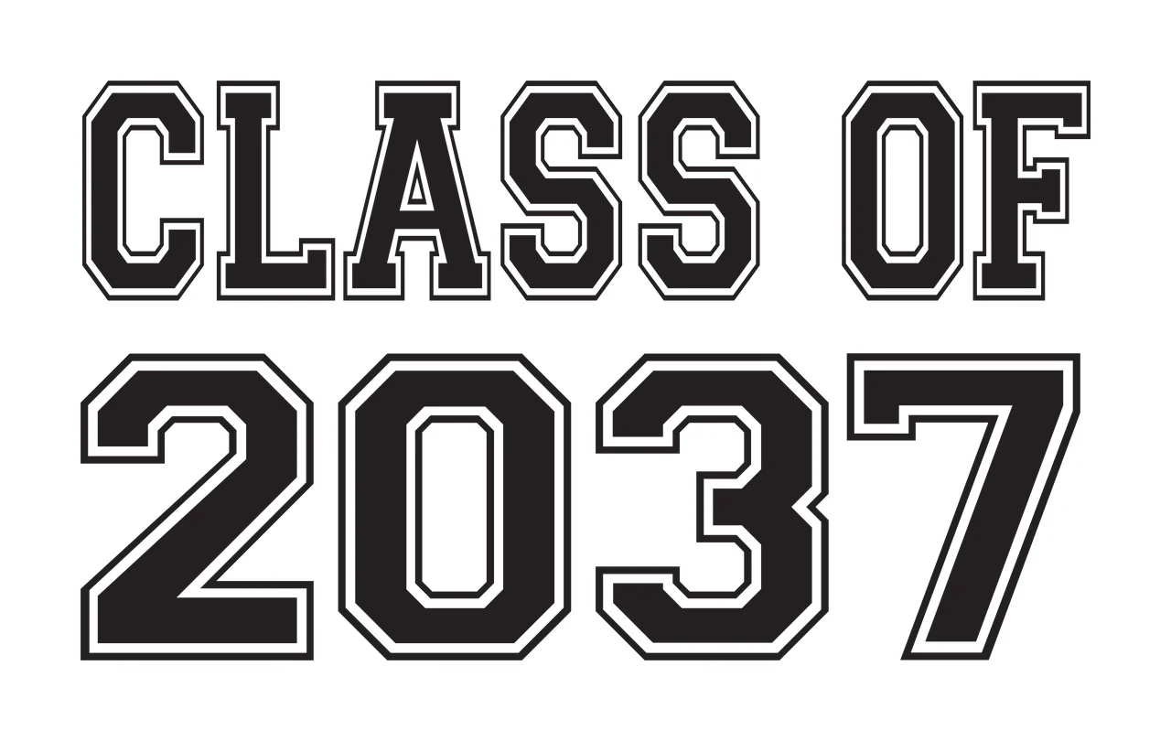 CLASS OF 2037 Typography Design with black text, white background, bold outlined letters and numbers 2037