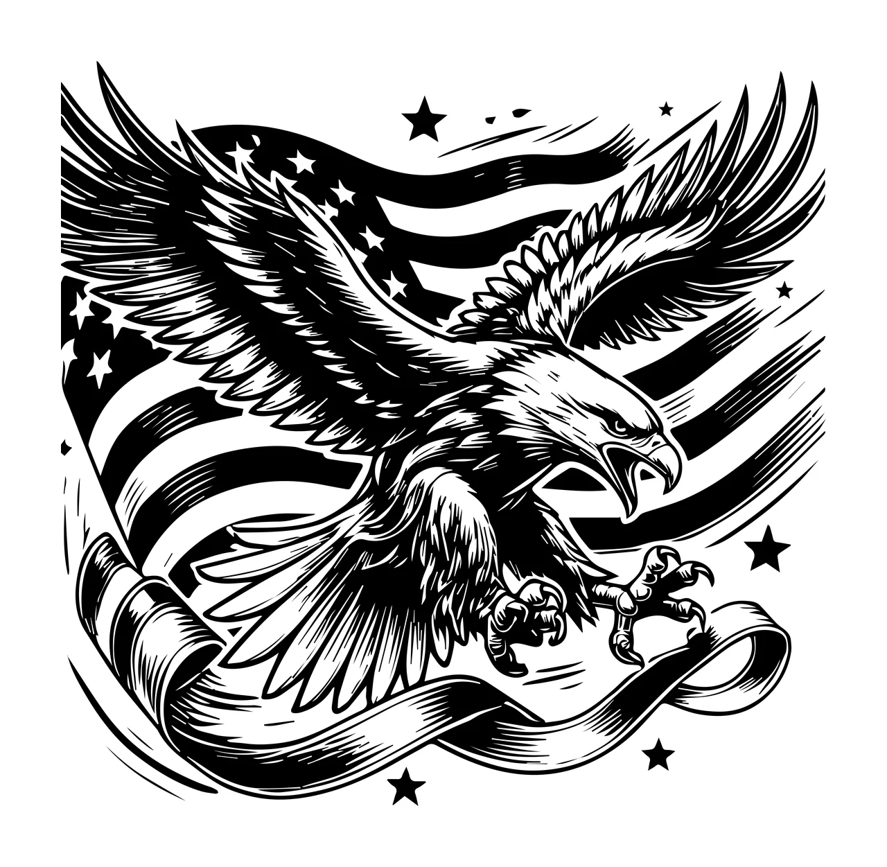 Eagle Flag American Banner Illustration flying star engraving