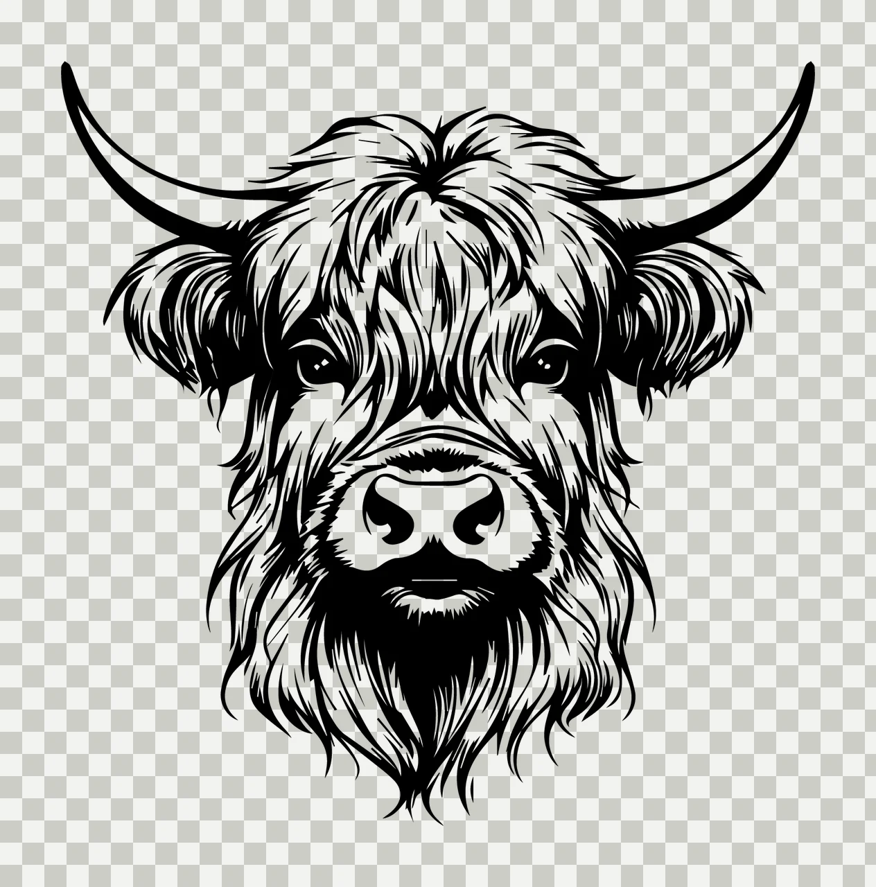 Highland Cattle Head Portrait Silhouette horns fur black animal transparency and detail preview thumbnail