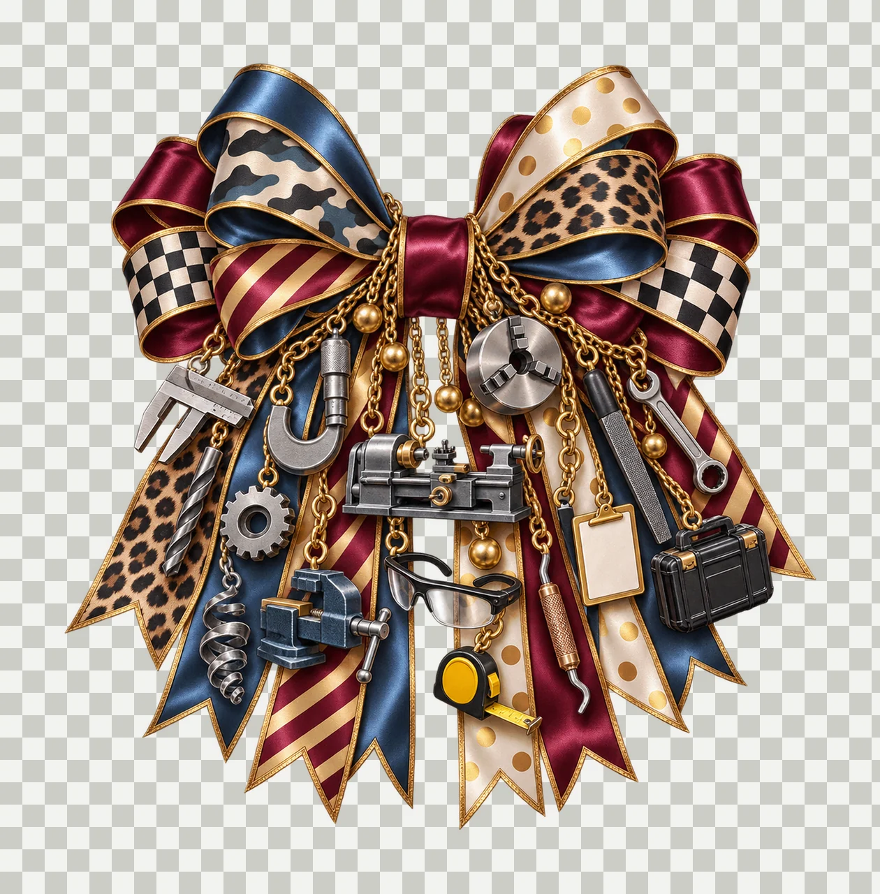 Machinist Bow Charm PNG, Themed Gold Chain Charms, Coquette Ribbon Sublimation Design, Transparent Digital Download transparency and detail preview thumbnail