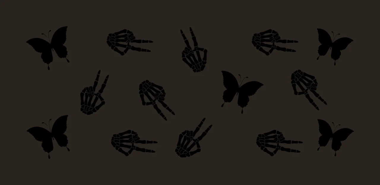 Black silhouette pattern of skeleton hands and butterflies Illustration with black skeleton hand, black butterfly and white background contrast preview thumbnail