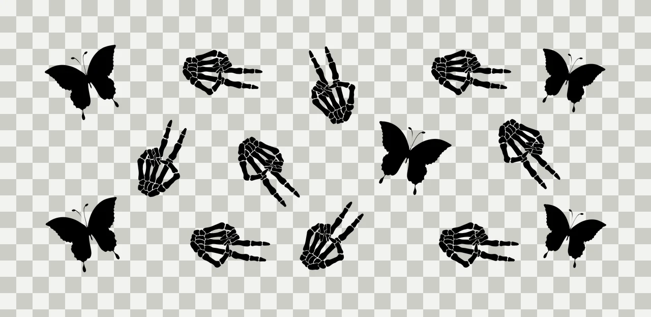Black silhouette pattern of skeleton hands and butterflies Illustration with black skeleton hand, black butterfly and white background transparency and detail preview thumbnail