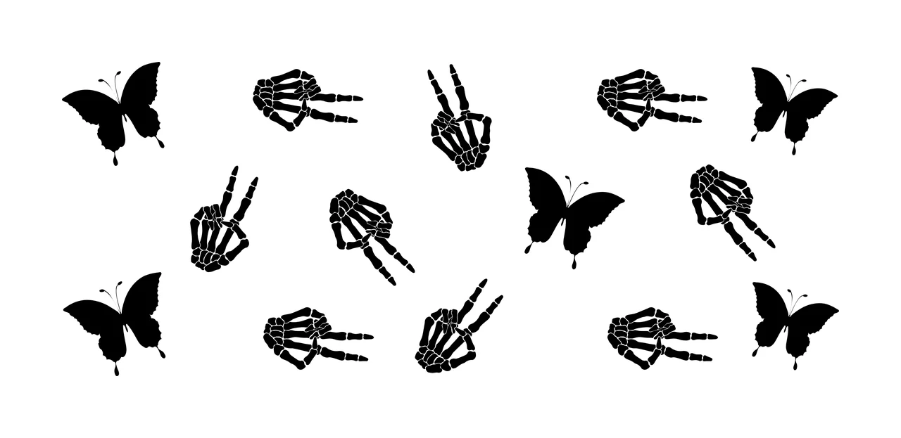 Black silhouette pattern of skeleton hands and butterflies Illustration with black skeleton hand, black butterfly and white background