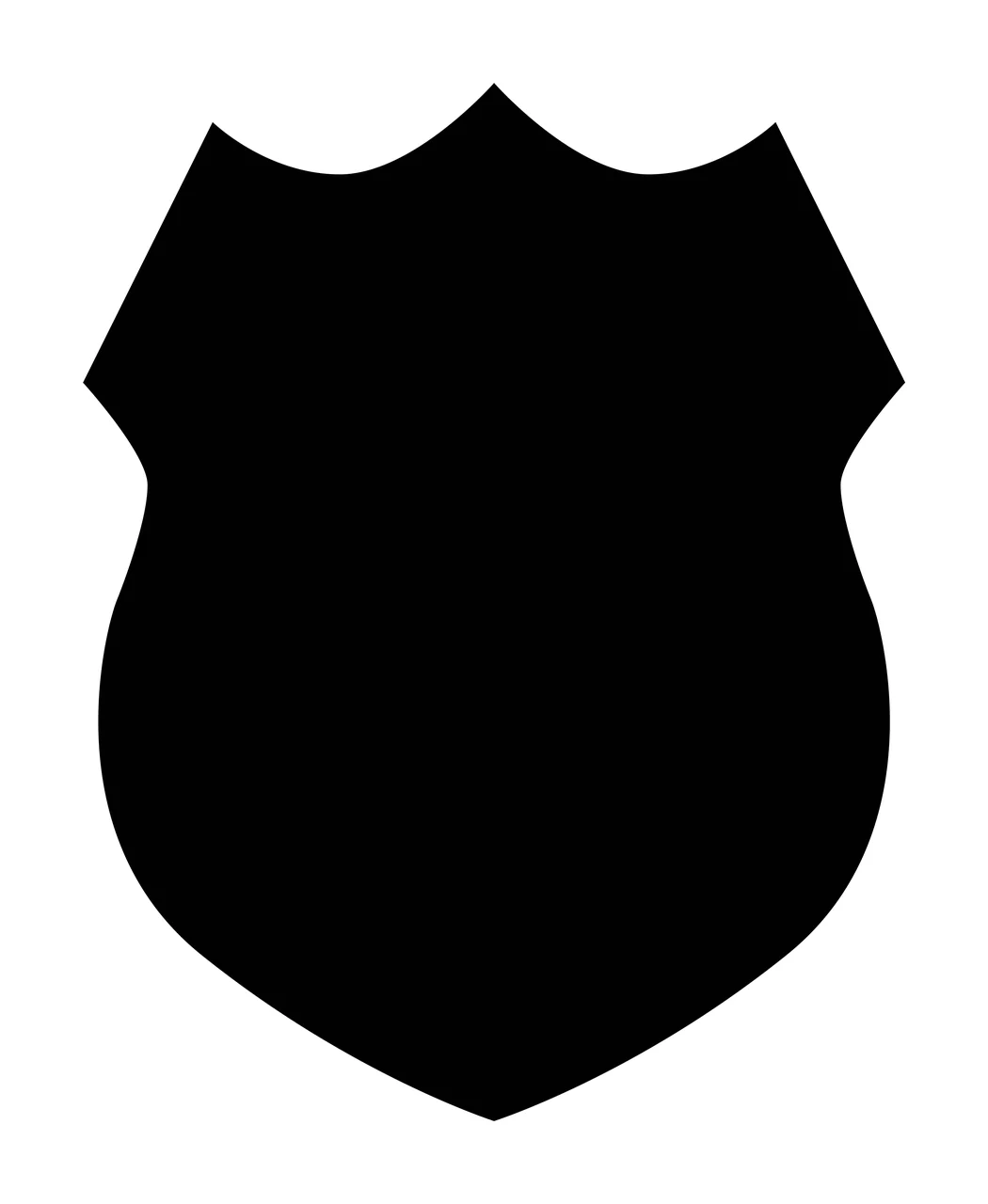 Shield silhouette Illustration with shield shape, badge silhouette, scalloped top edge and pointed bottom in black and white