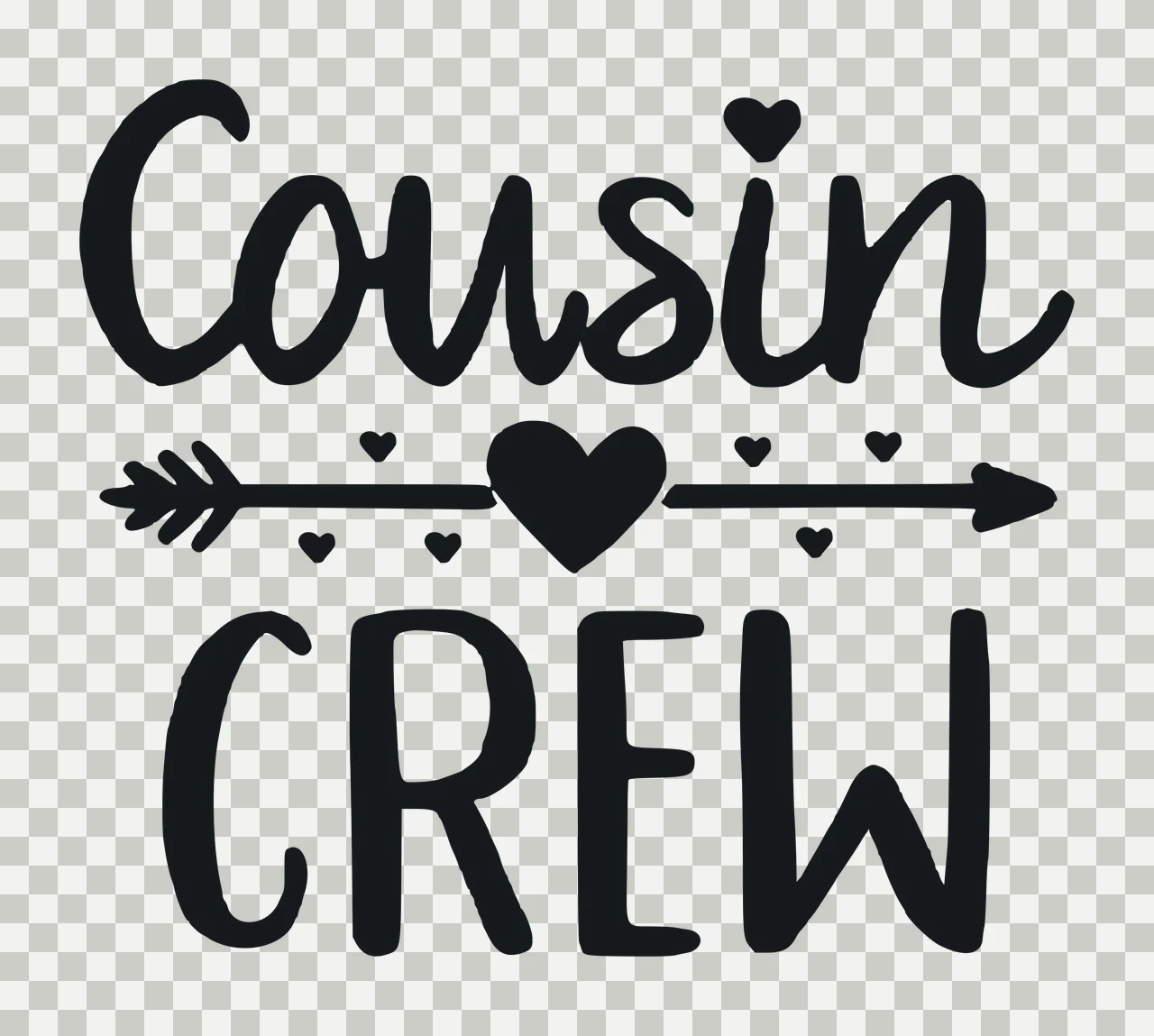 Cousin CREW Typography Design with Cousin text in cursive script, CREW text in bold block letters, horizontal arrow with feathered ends and central heart shape in black and white transparency and detail preview thumbnail