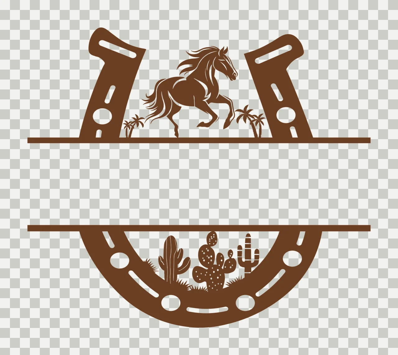 Horse Silhouette Inside A Horseshoe Frame running cactus palm tree transparency and detail preview thumbnail