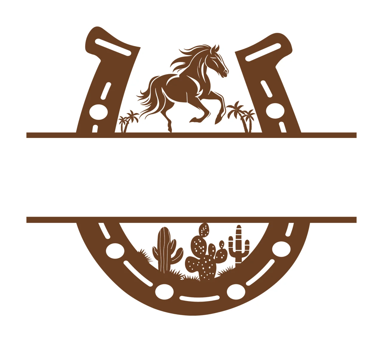 Horse Silhouette Inside A Horseshoe Frame running cactus palm tree
