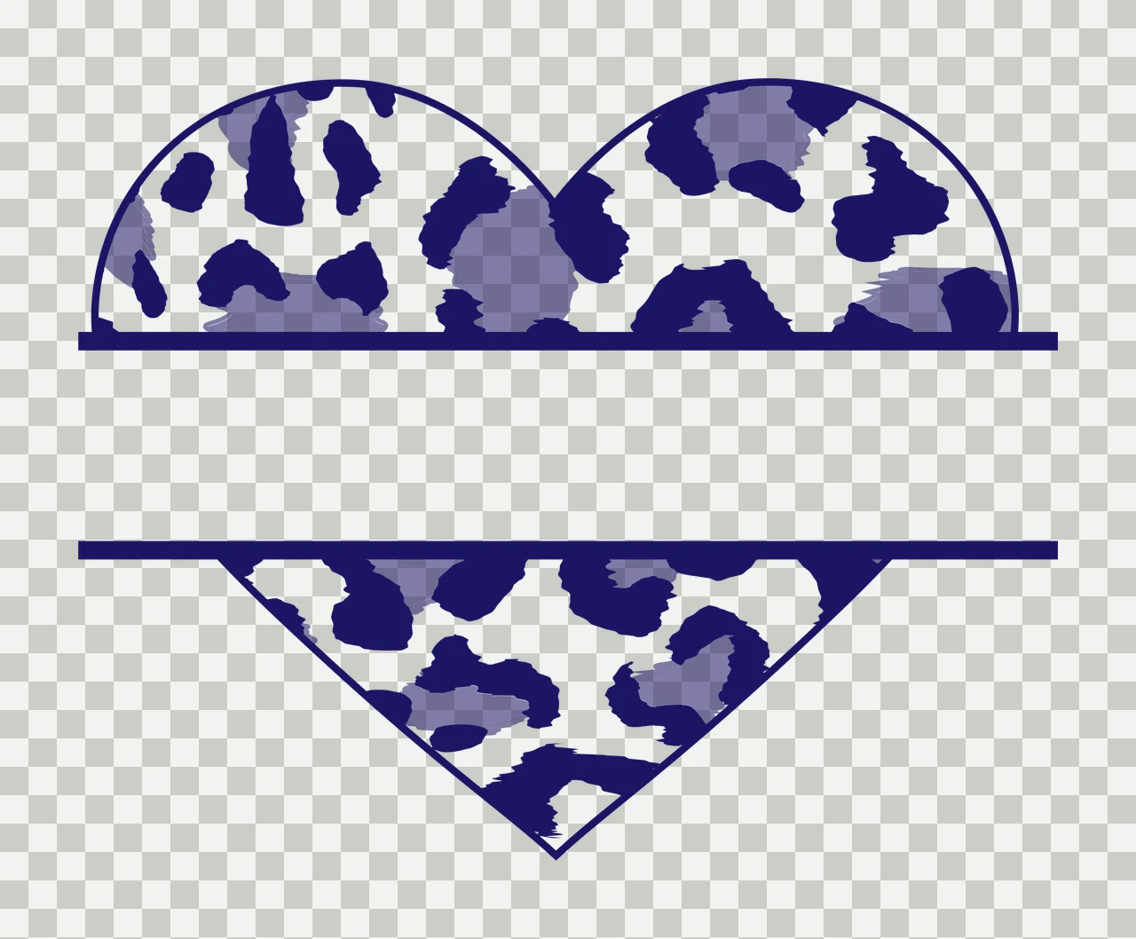 Split heart monogram frame with heart shape, leopard print, horizontal lines and empty text space in navy blue, lavender and white transparency and detail preview thumbnail