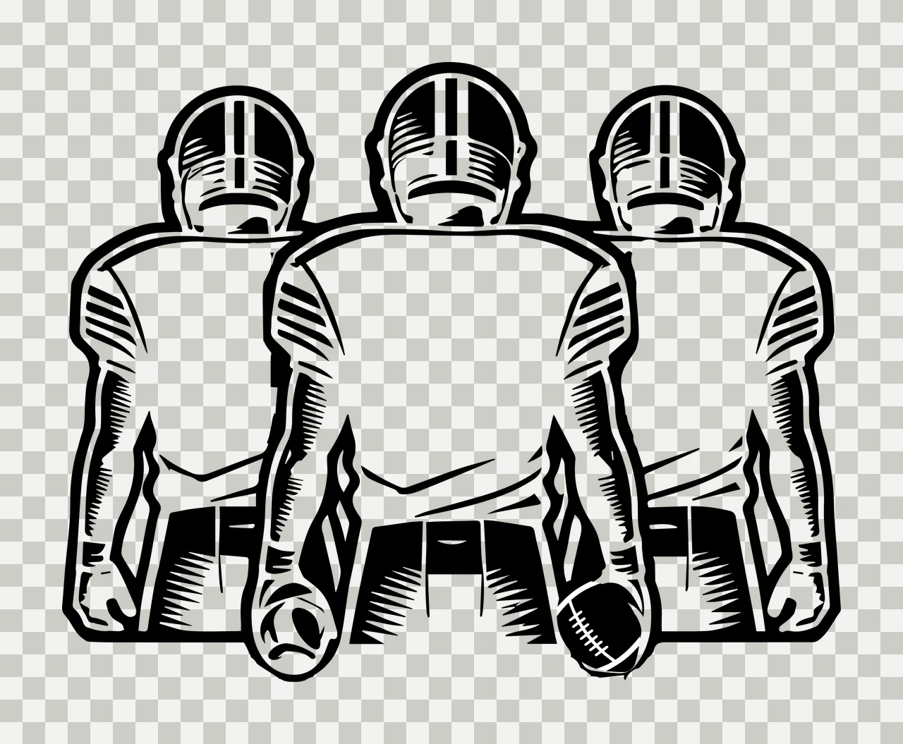 Three Players Football Back View standing helmets jerseys black transparency and detail preview thumbnail
