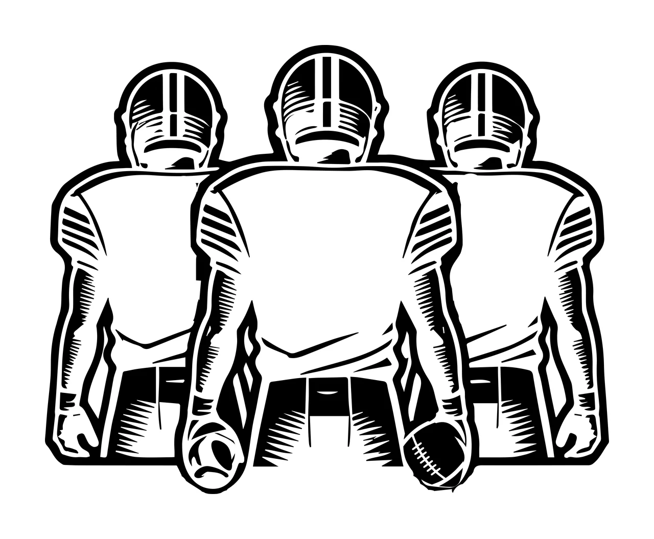 Three Players Football Back View standing helmets jerseys black