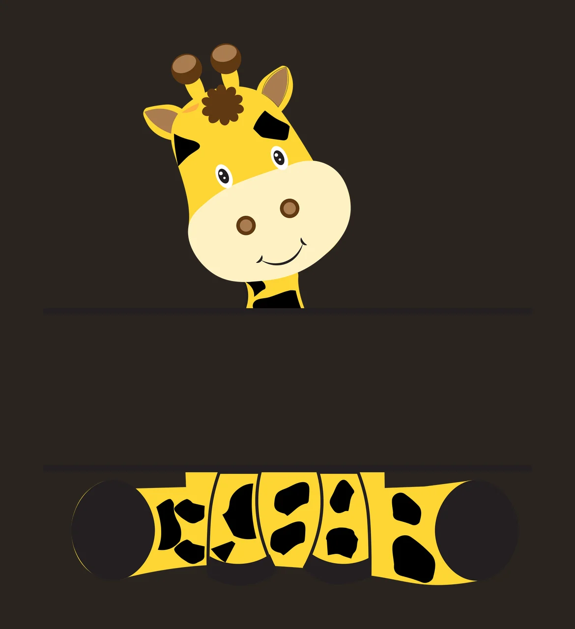 Flat Cartoon Illustration of Giraffe head and tail with yellow giraffe head with brown horns and black spots, smiling face with round eyes and nose, black horizontal line separator and giraffe tail contrast preview thumbnail