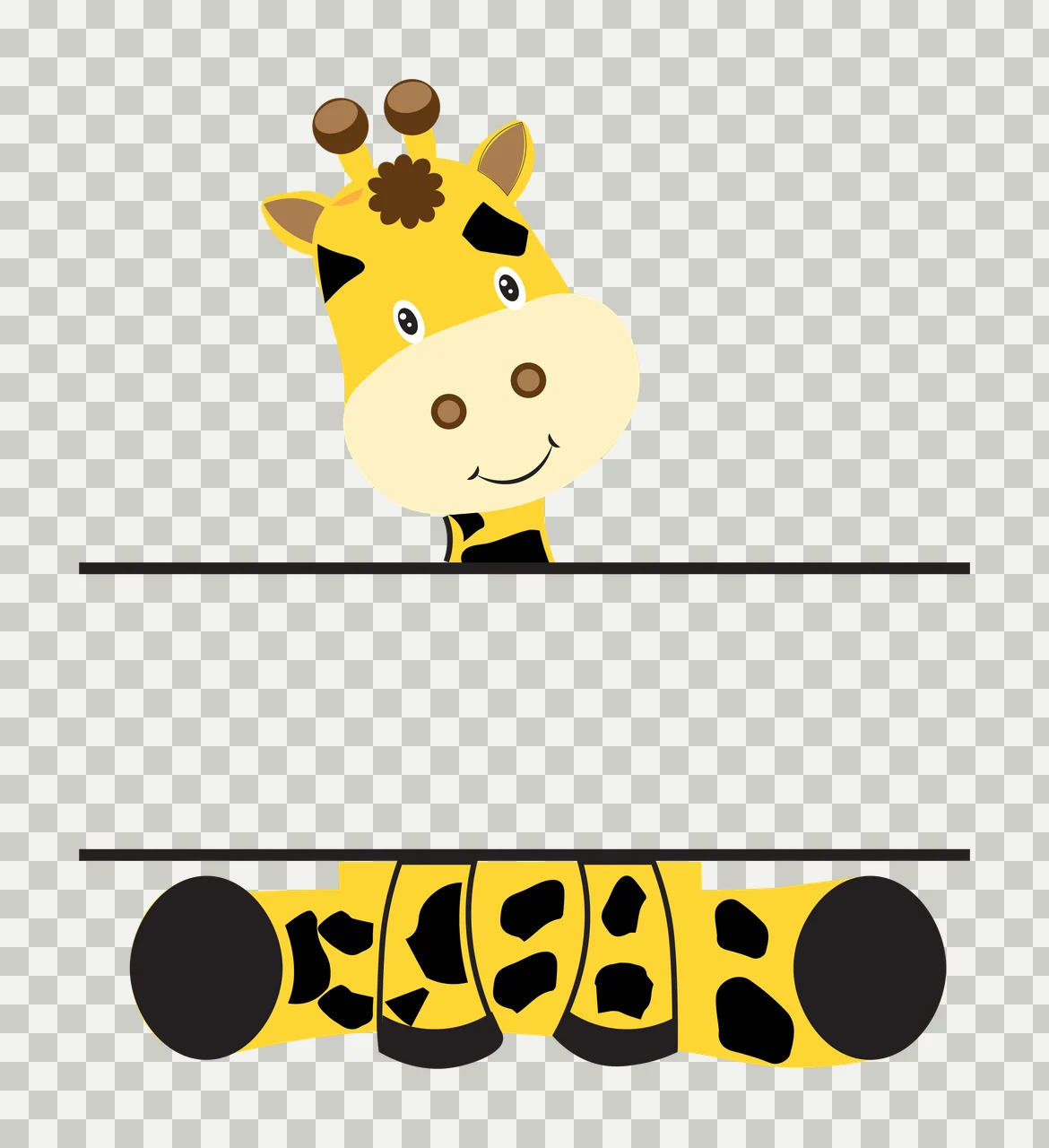 Flat Cartoon Illustration of Giraffe head and tail with yellow giraffe head with brown horns and black spots, smiling face with round eyes and nose, black horizontal line separator and giraffe tail transparency and detail preview thumbnail