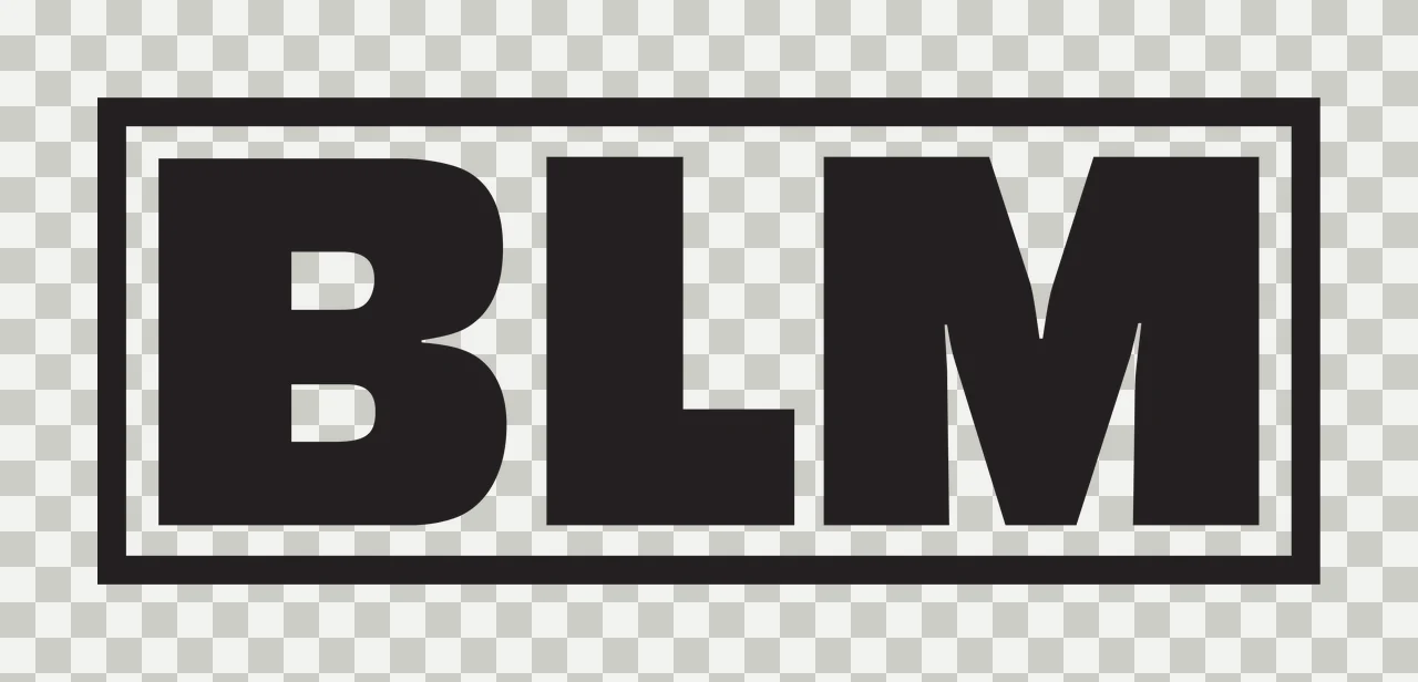 BLM Typography Design with BLM acronym text, bold sans-serif font, rectangular border frame and white canvas in black transparency and detail preview thumbnail