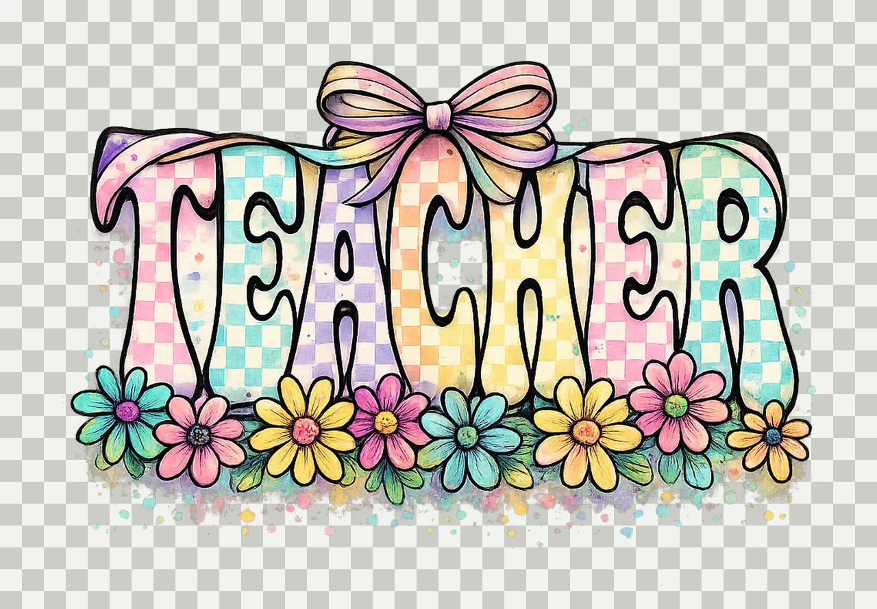 Teacher retro coquette design checkered flowers cute summer transparency and detail preview thumbnail