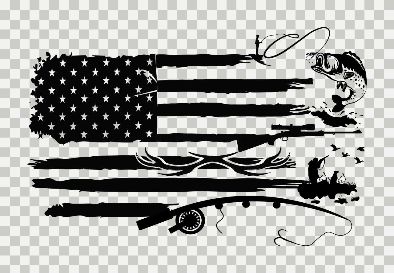 Hunting Fishing Themed American Flag Silhouette Art fish rod transparency and detail preview thumbnail