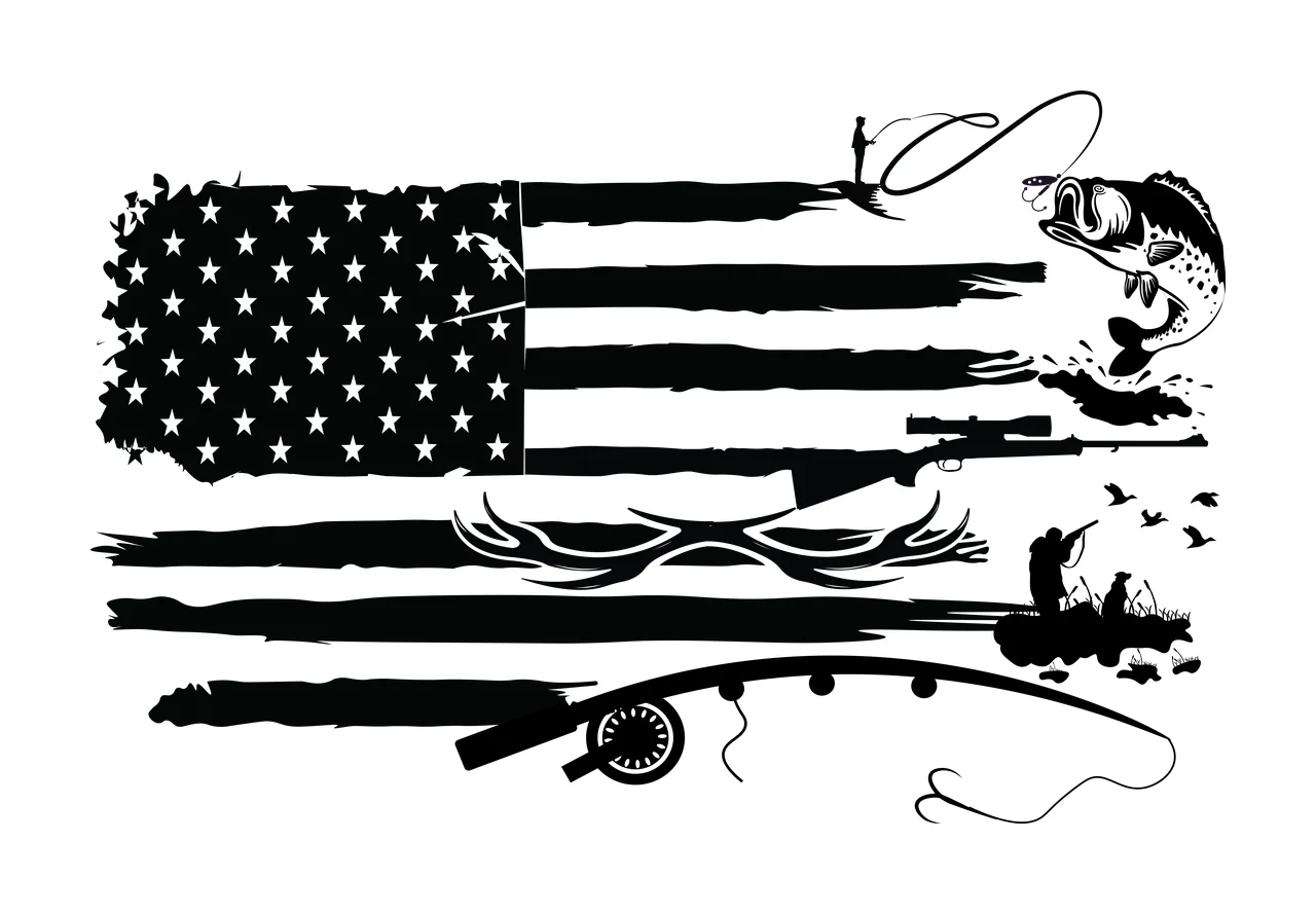 Hunting Fishing Themed American Flag Silhouette Art fish rod