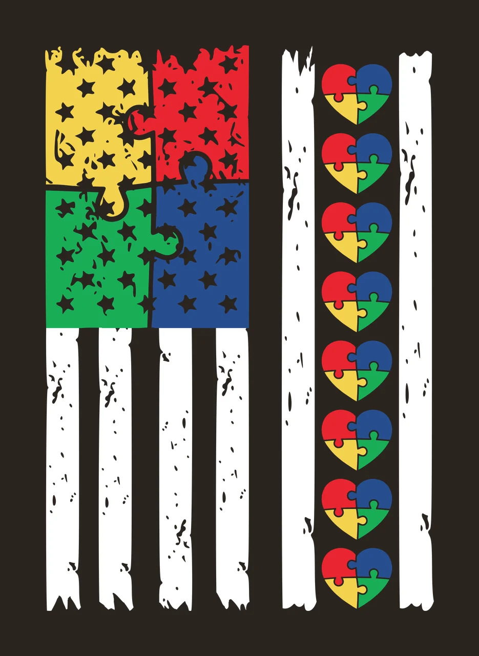 Puzzle piece and heart-shaped puzzle set design with four large puzzle pieces with white stars, six small heart-shaped puzzle sets, red puzzle piece and blue puzzle piece in green contrast preview thumbnail