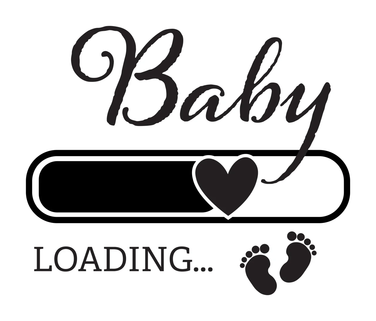 Baby LOADING... pregnancy announcement Design with script typography, progress bar, heart icon and baby footprints in black and white