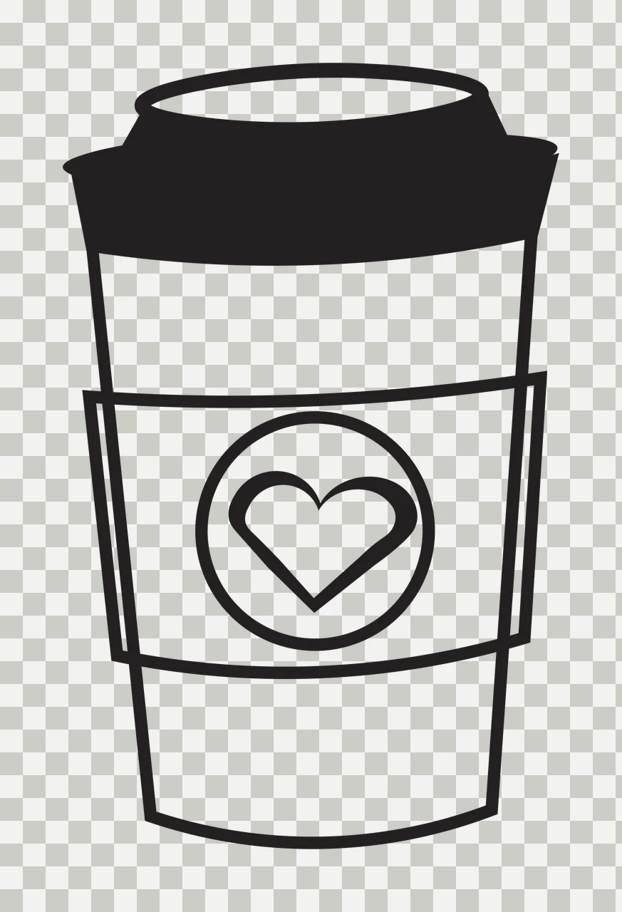 Line Art Illustration of To-go coffee cup with heart logo with black lid, white cup body, black sleeve and black heart inside circle transparency and detail preview thumbnail