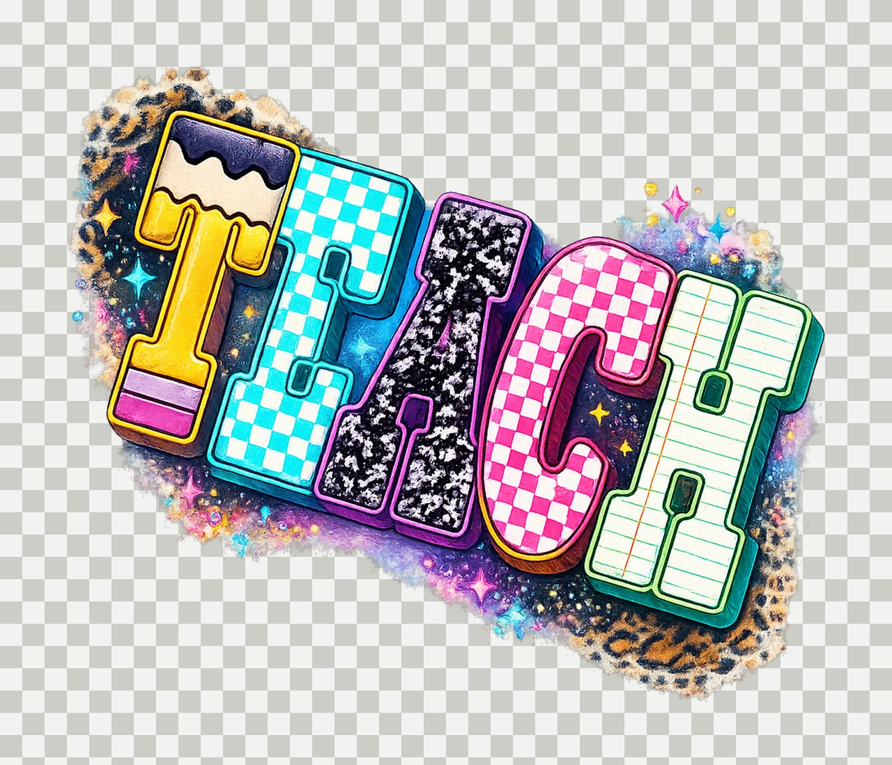 Neon checkered teacher back to school teacher design transparency and detail preview thumbnail
