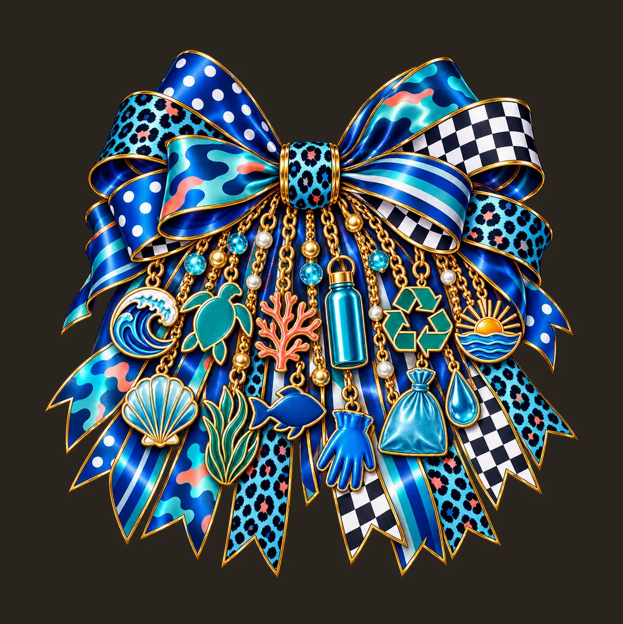 Ocean Conservation Bow Charm PNG, Gold Chain Charms, Transparent Sublimation Design, Digital Download contrast preview thumbnail