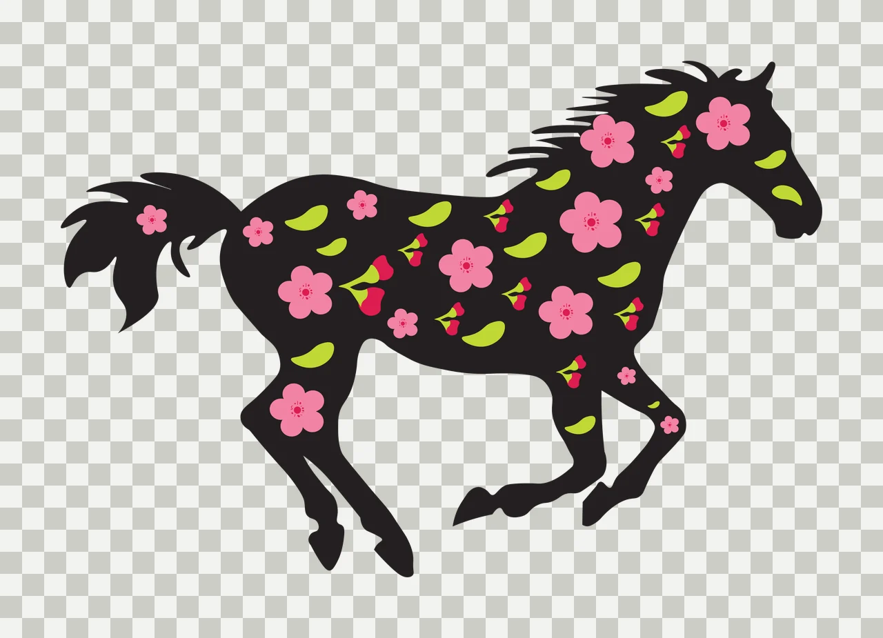 Horse silhouette Illustration with pink flowers and green leaves in black transparency and detail preview thumbnail