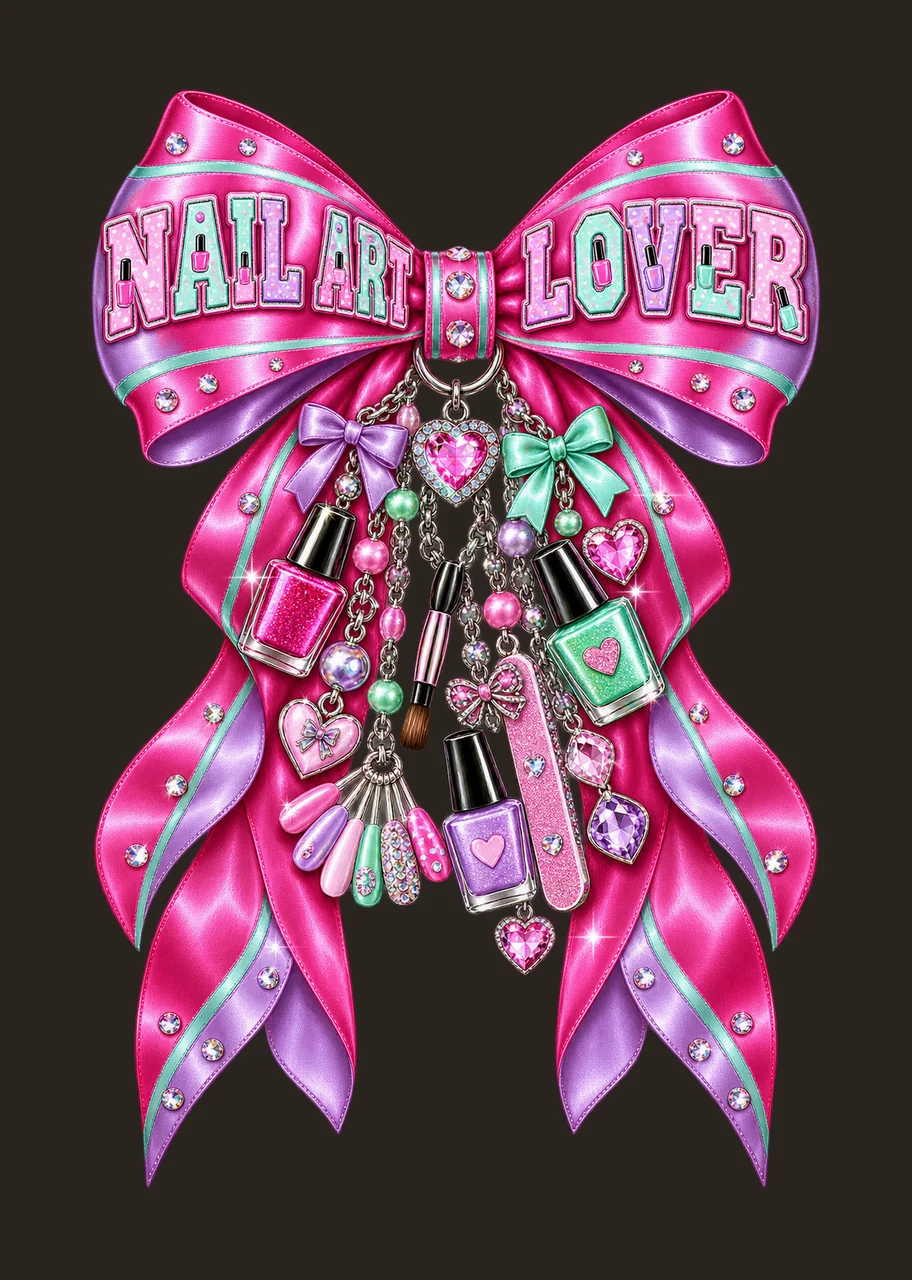 Nail Art Lover Bow Charm PNG, Coquette Ribbon Sublimation, Transparent Digital Download contrast preview thumbnail