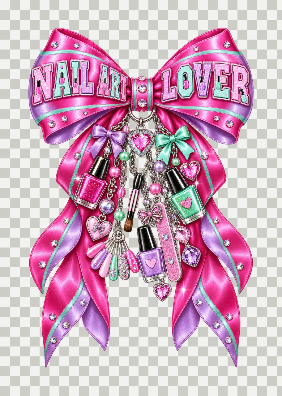 Nail Art Lover Bow Charm PNG, Coquette Ribbon Sublimation, Transparent Digital Download transparency and detail preview thumbnail