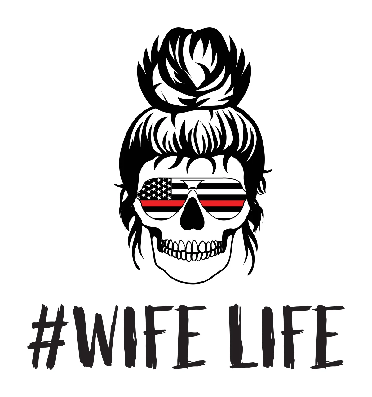 Skull Hair Graphic wearing sunglasses bun black white symbol
