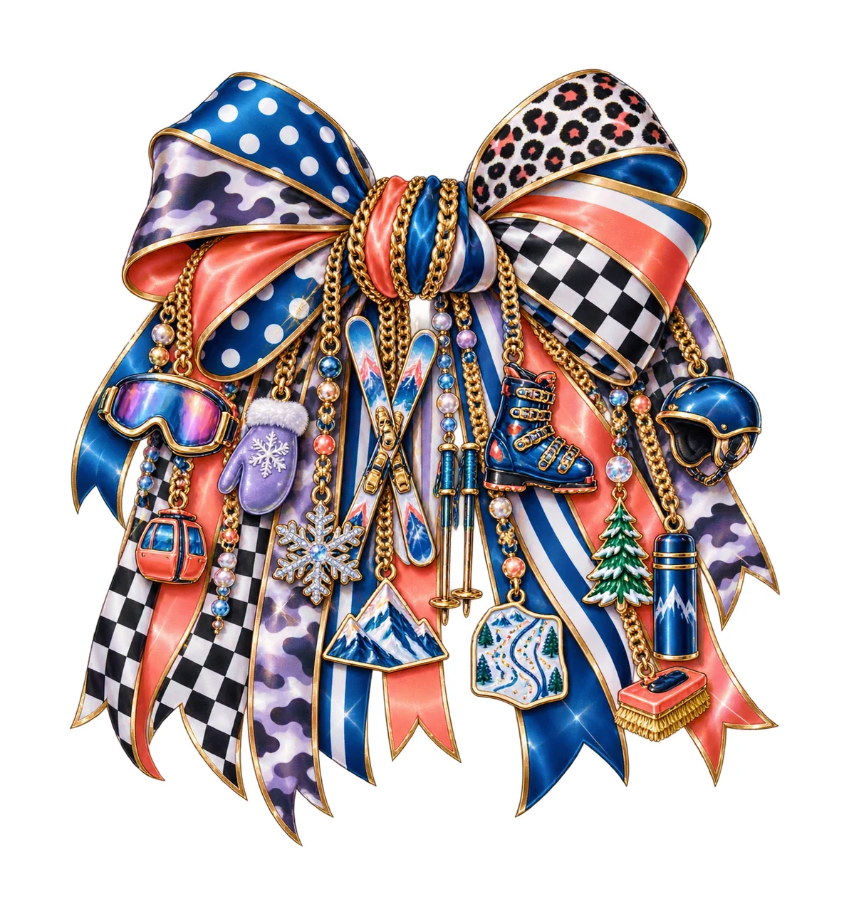 Skiing Lover Bow Charm PNG, Skis Boots Goggles Mountain and Chairlift Charms, Winter Sport Sublimation Design, Transparent Download