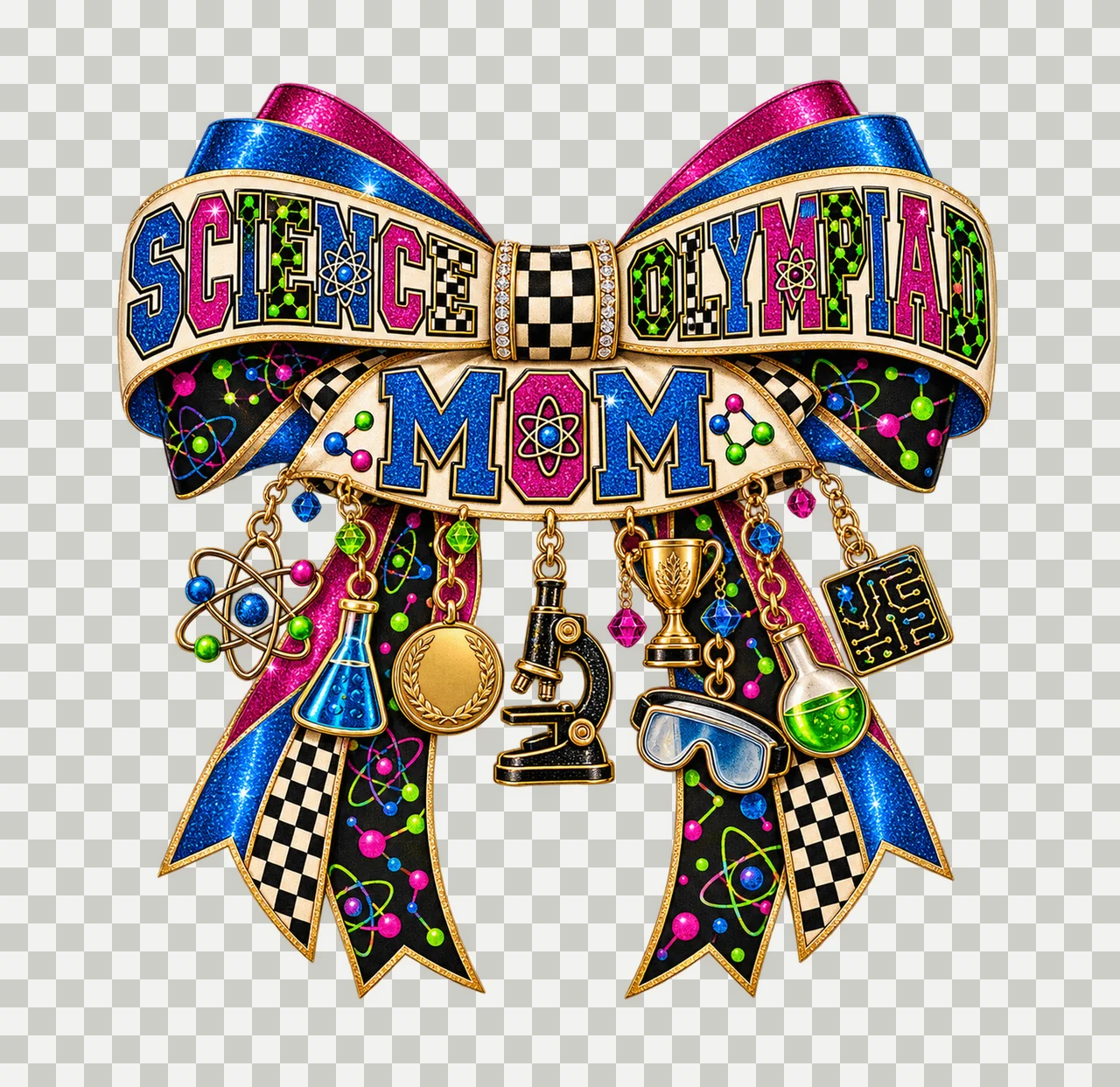 Science Olympiad Mom Bow Charm PNG, Patterned Varsity Mom Ribbon Clipart, Transparent Sublimation Digital Download transparency and detail preview thumbnail