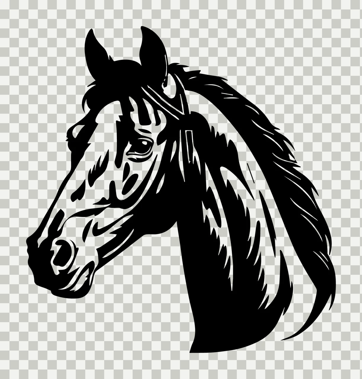 Horse Head Black And White Profile looking mane harness plain transparency and detail preview thumbnail