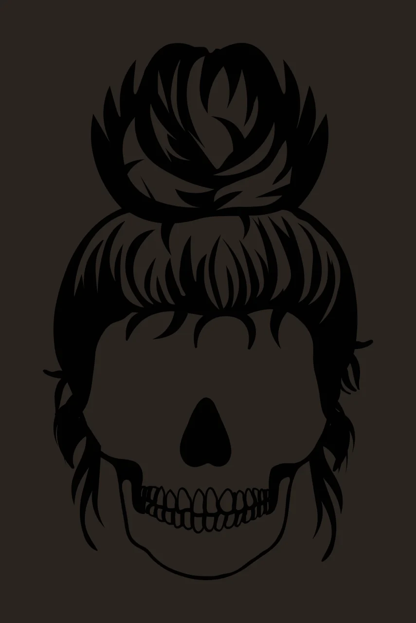 Line Art Illustration of human skull with messy bun with hair, teeth, nasal cavity and bangs in black and white contrast preview thumbnail