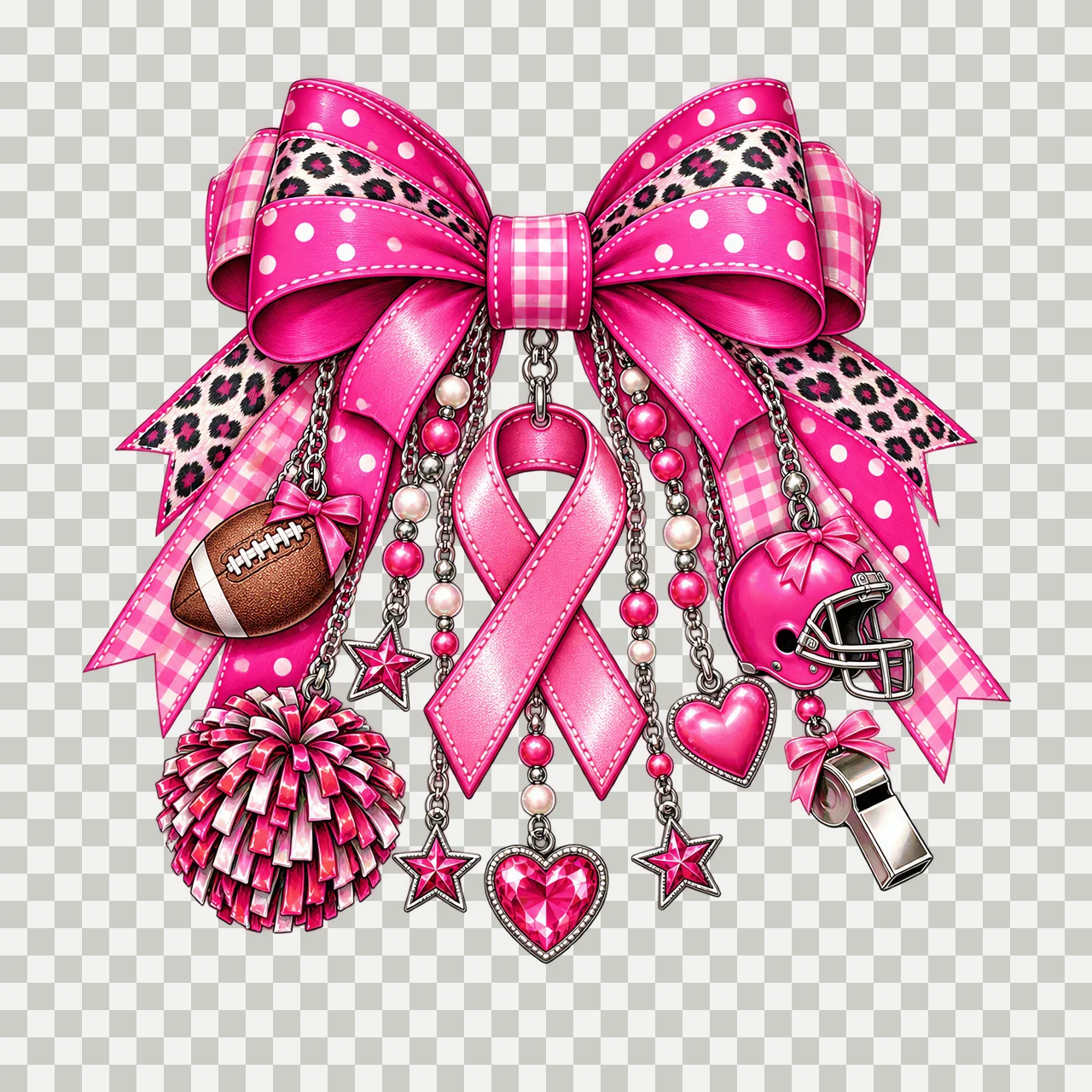 Breast Cancer Football PNG, Pink Ribbon Football Bow Clipart, Cheer Game Day Sublimation Design, Transparent Digital Download, No Text transparency and detail preview thumbnail
