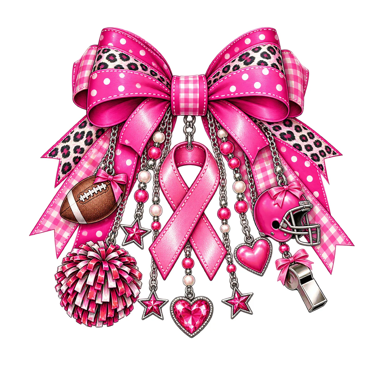 Breast Cancer Football PNG, Pink Ribbon Football Bow Clipart, Cheer Game Day Sublimation Design, Transparent Digital Download, No Text